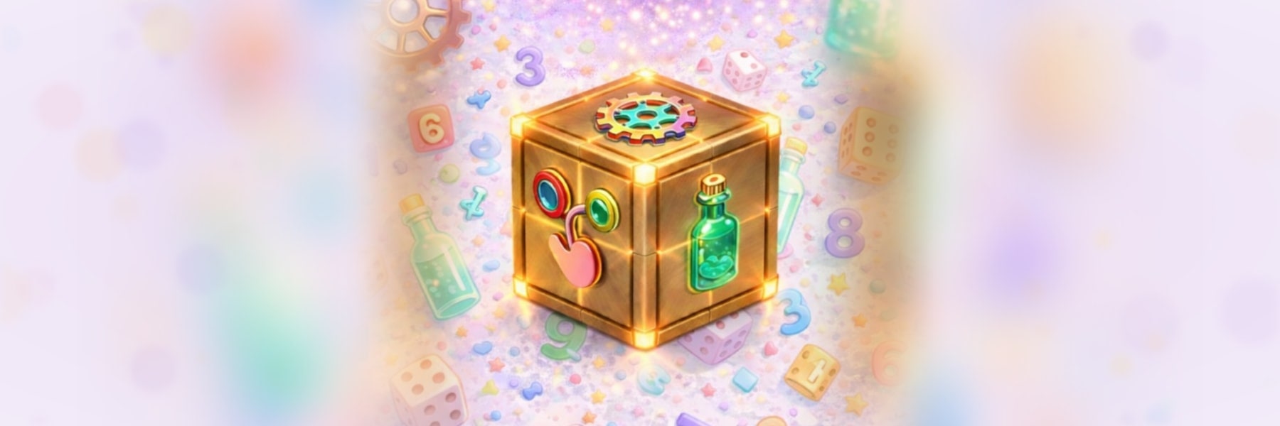 A glowing golden cube among dice, numbers and little bottles