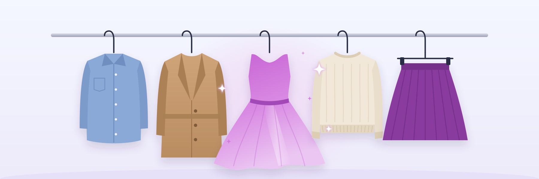 Clothes on a rail: a shirt, a coat, a sparkling lilac dress, a sweater and a skirt